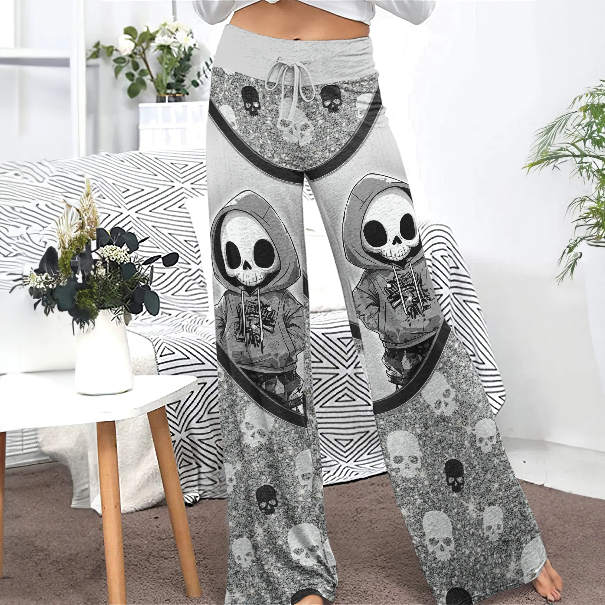 Skeleton Metal Glitter Art Women's High-waisted Wide Leg Pants