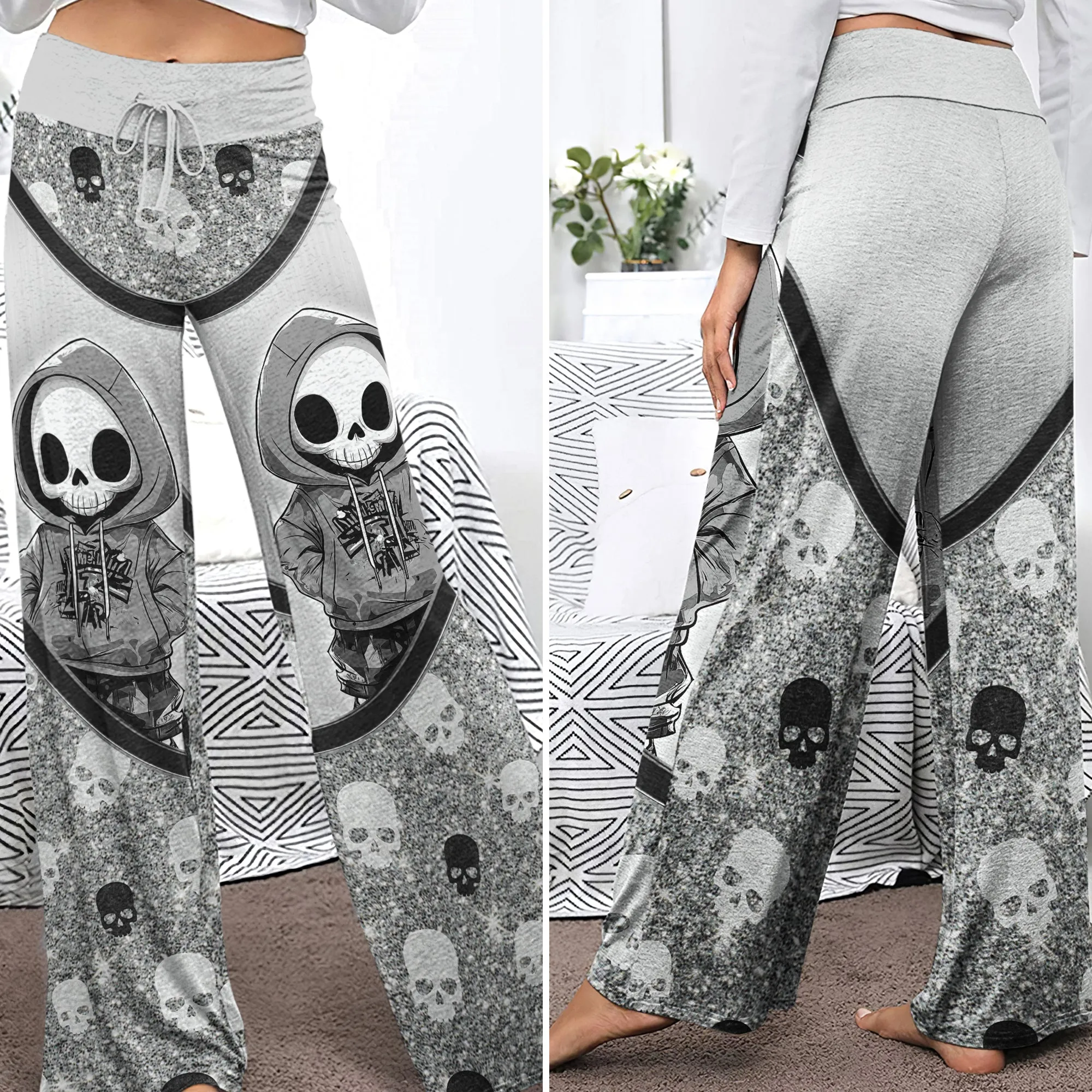 Skeleton Metal Glitter Art Women's High-waisted Wide Leg Pants