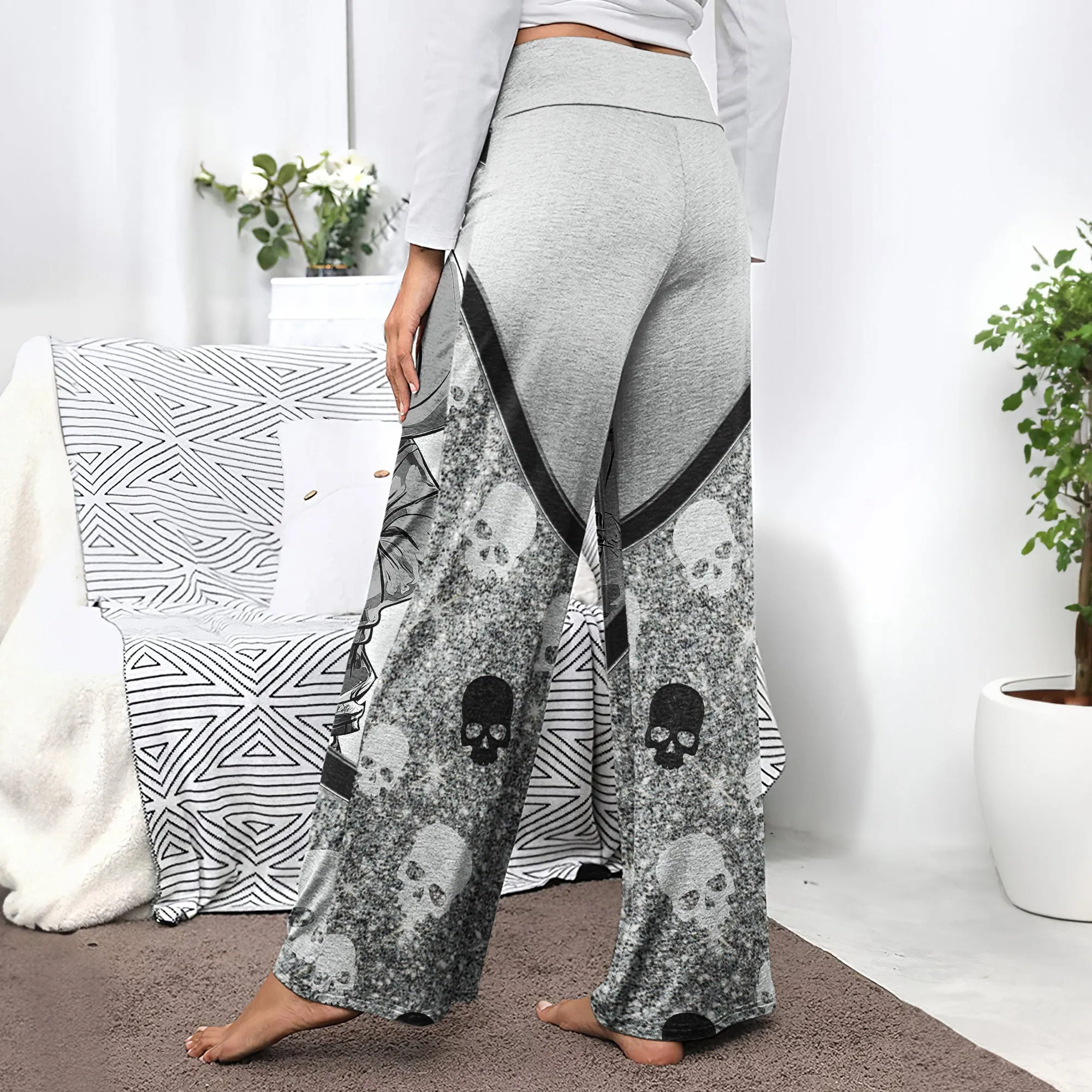 Skeleton Metal Glitter Art Women's High-waisted Wide Leg Pants