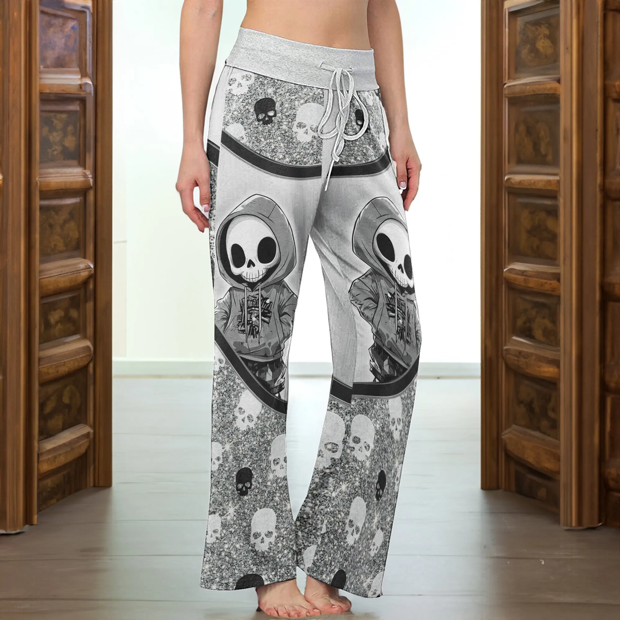 Skeleton Metal Glitter Art Women's High-waisted Wide Leg Pants