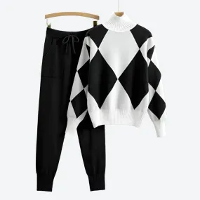 Stylish Argyle Turtleneck Sweater Set