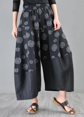 Stylish Black Print asymmetrical design Cotton Linen Wide Leg Pants Summer