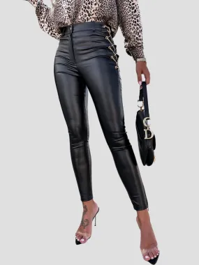 Stylish Side Drawstrings Waist Skinny Leater Pants