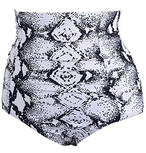 Tankini Briefs High Waisted Swim Bottom For Women-Black And White Snake Print