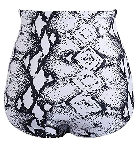 Tankini Briefs High Waisted Swim Bottom For Women-Black And White Snake Print