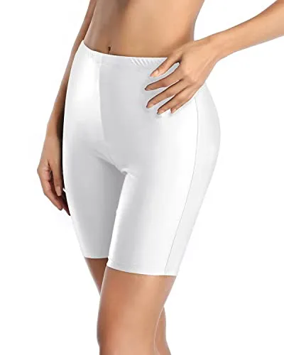 Tummy Control Swim Shorts For Women Boy Shorts-White