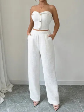 Women's Two-Piece Outfits, Clean And Simple Solid Color Top With Buttoned Back And High-Waist Pants